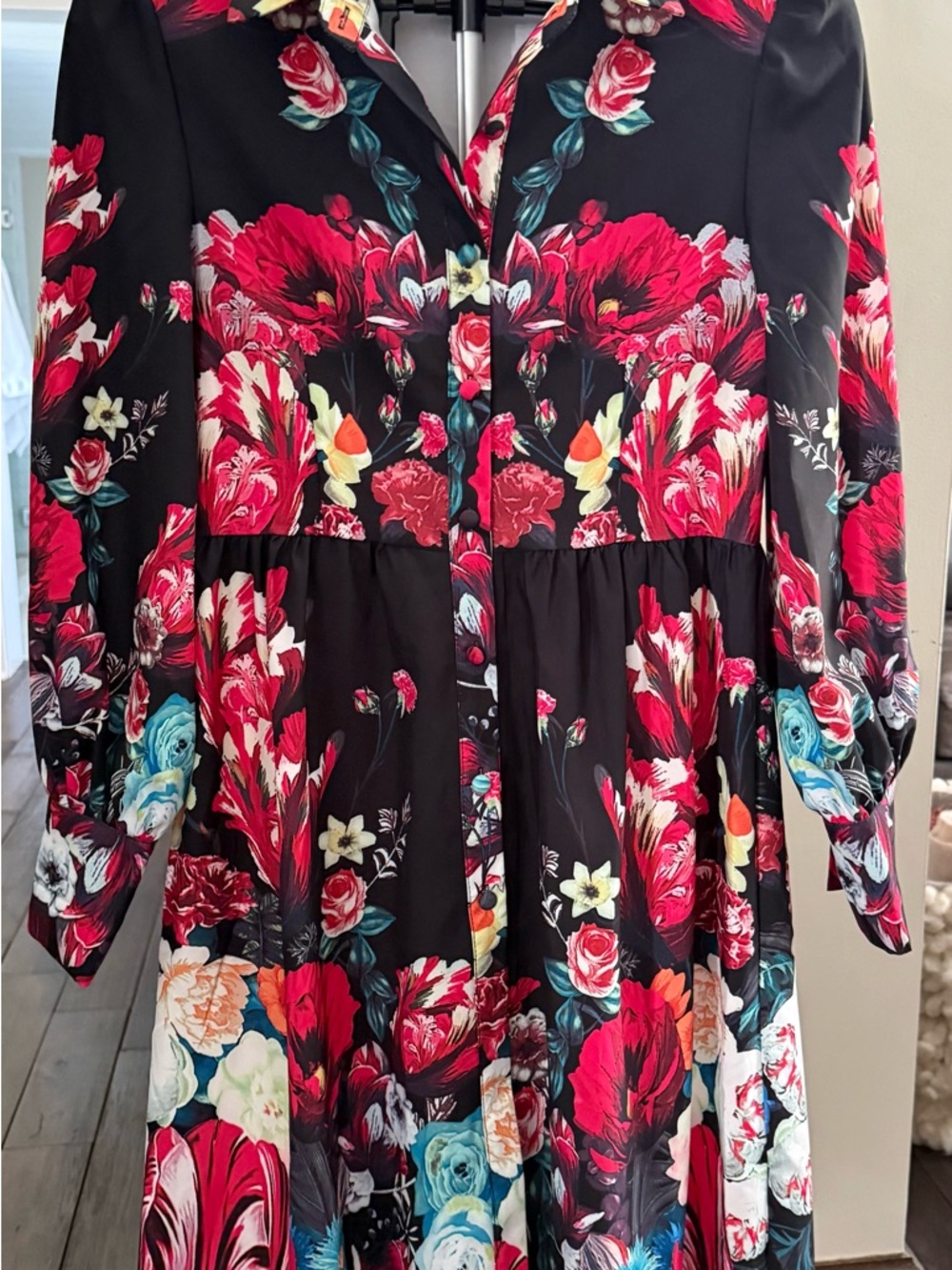 Black Floral Long-Sleeve Midi Dress with Red Bloom Print